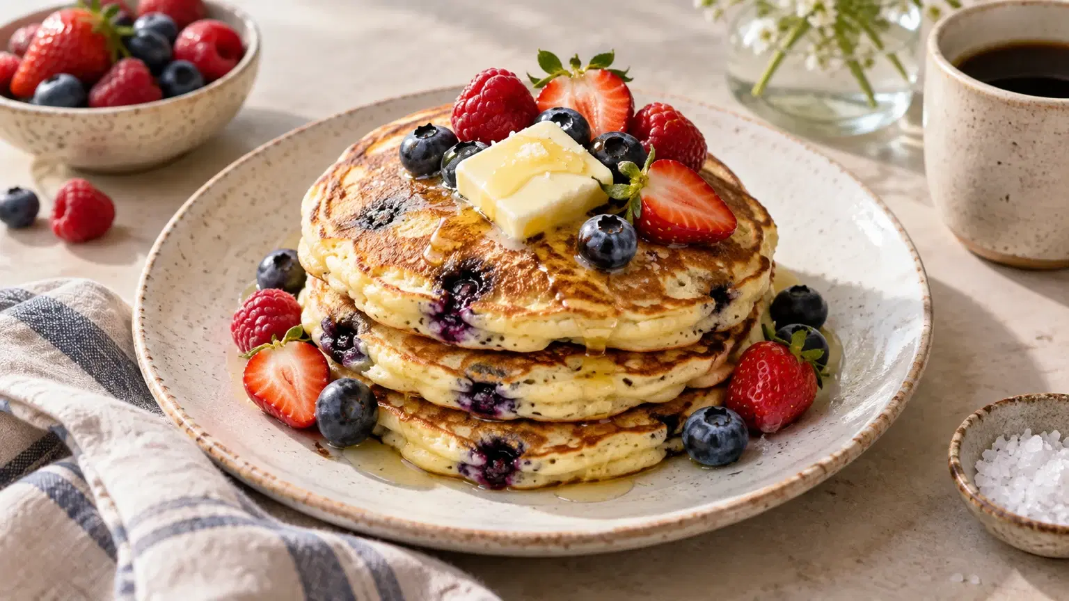 Fluffy ricotta pancakes with blueberries, fresh berries, and melting butter