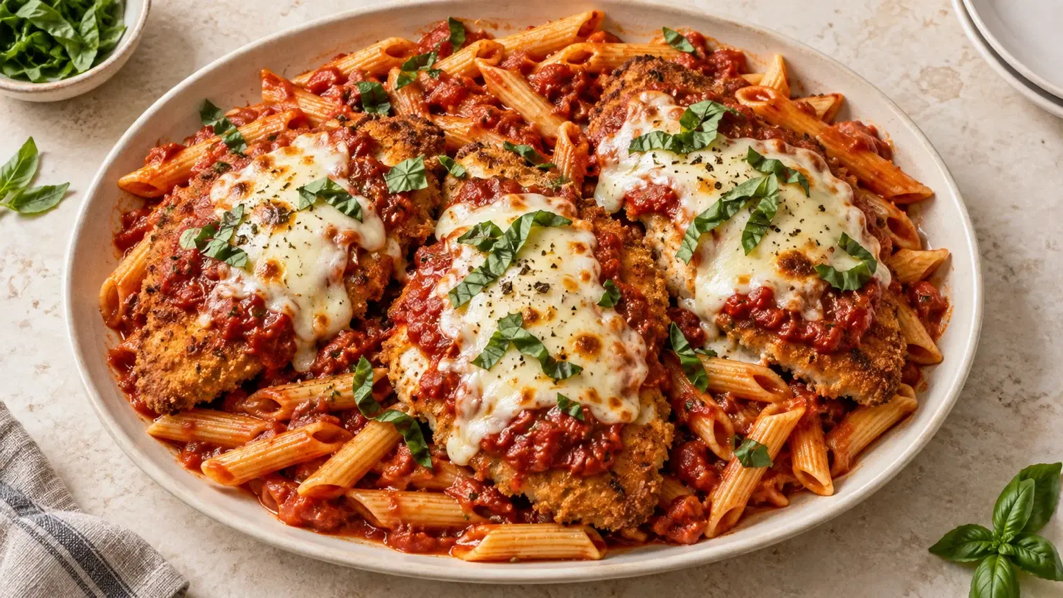 Crispy chicken Parmesan cutlets with melted mozzarella and tomato-sauced penne