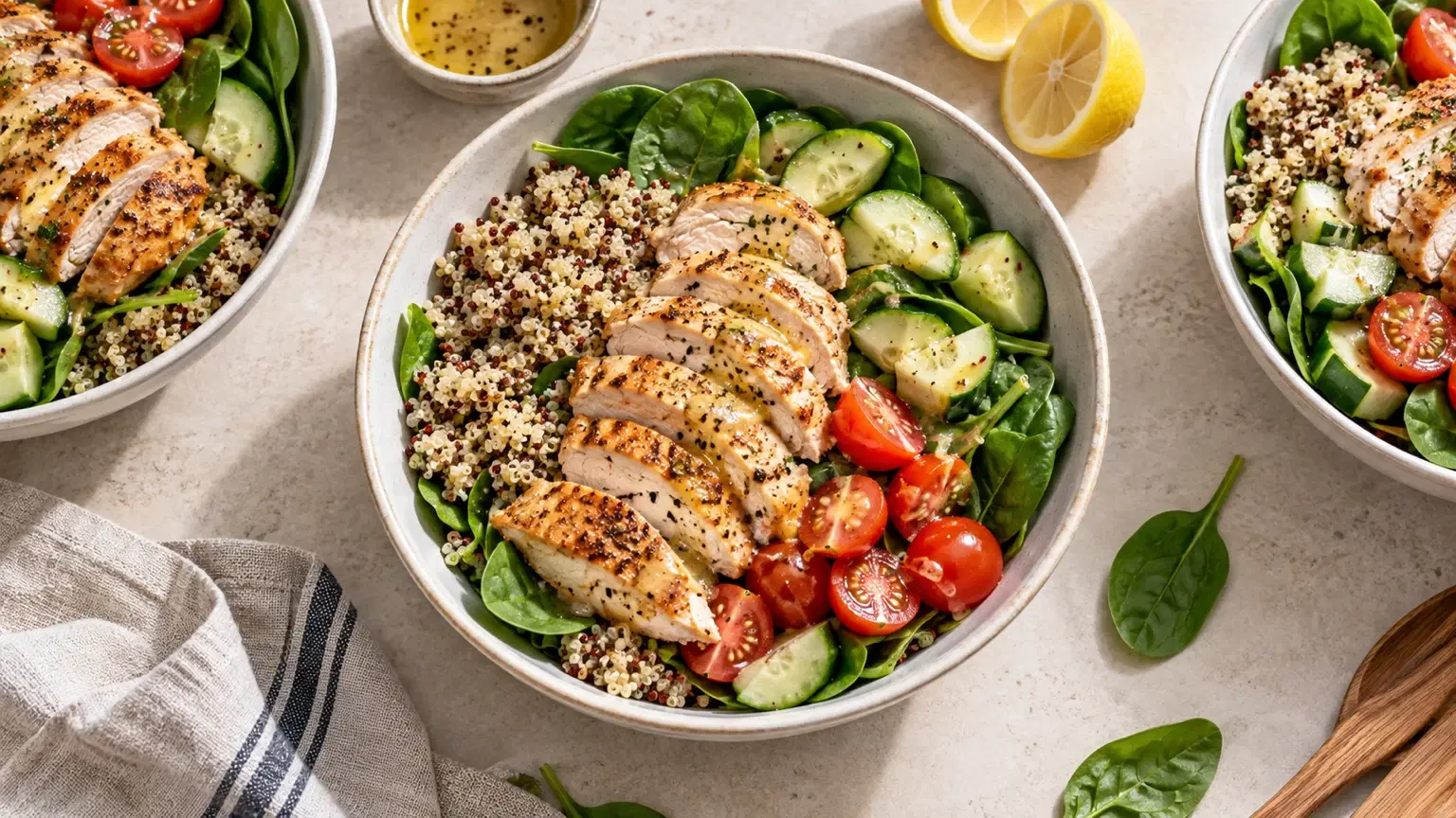 Sliced chicken with quinoa, spinach, cucumber, and cherry tomatoes in a power bowl