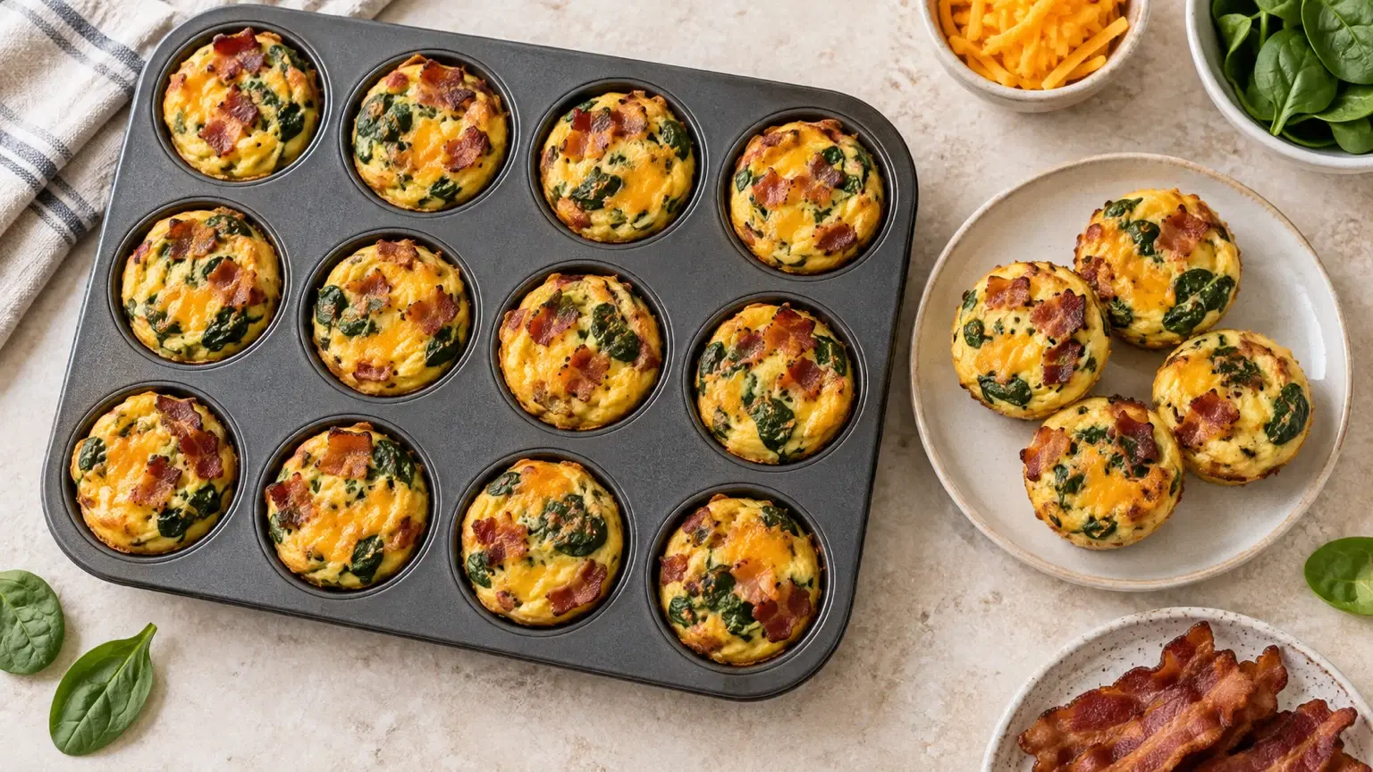 Baked egg muffin cups with bacon, spinach, and melted cheddar