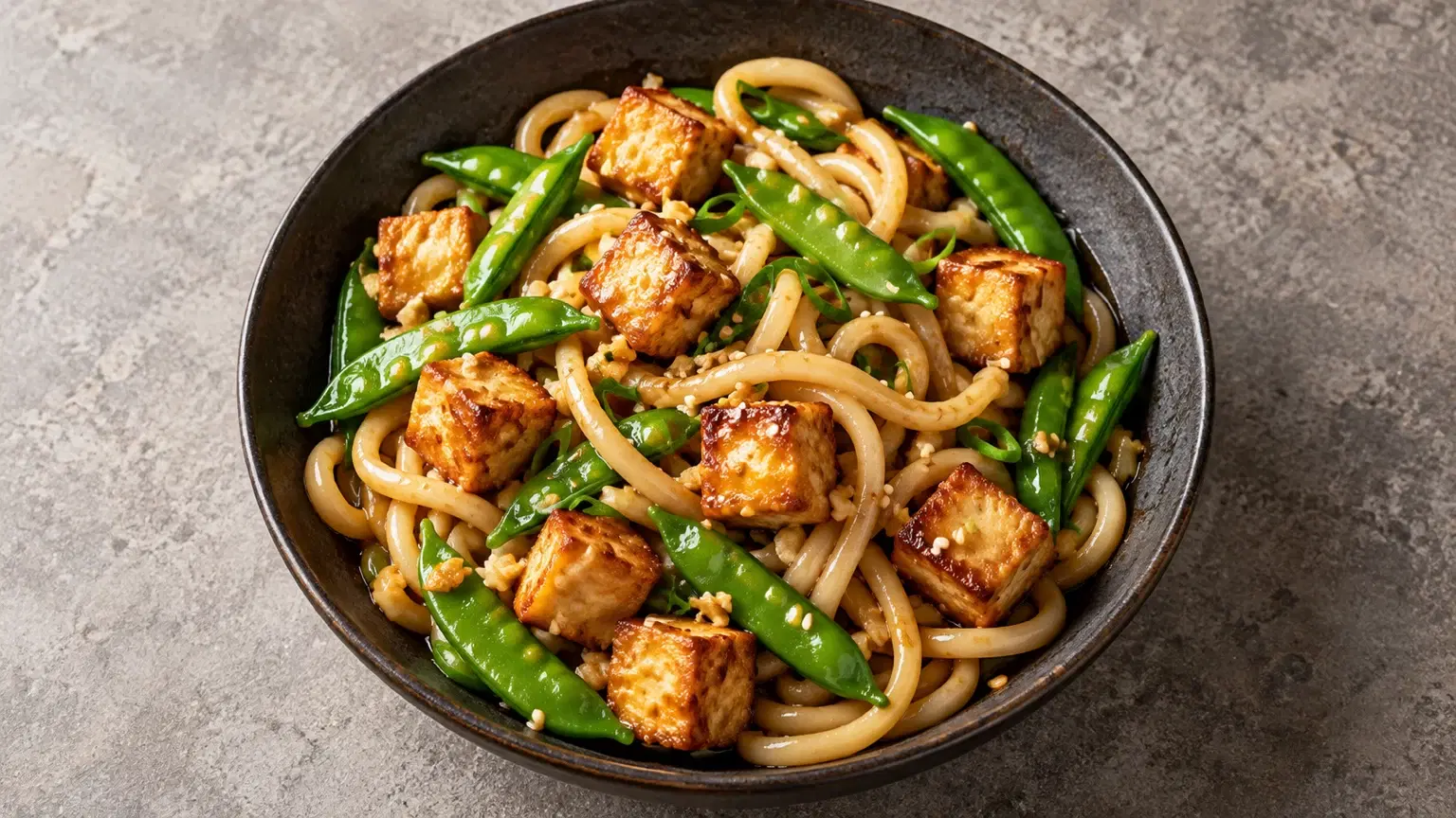 Ginger soy udon noodles with browned tofu cubes and bright snap peas