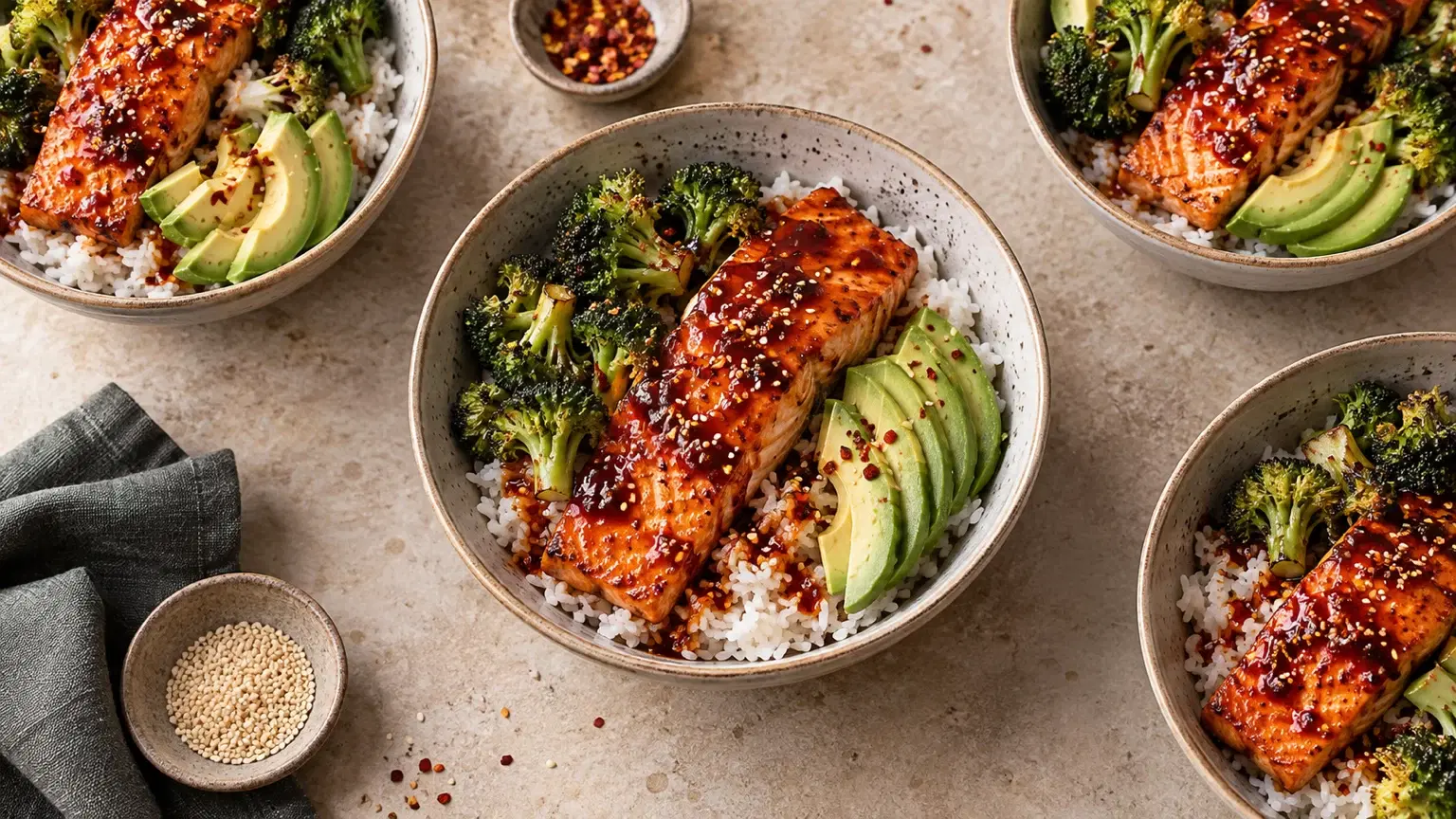 Gochujang glazed salmon over jasmine rice with roasted broccoli and sliced avocado