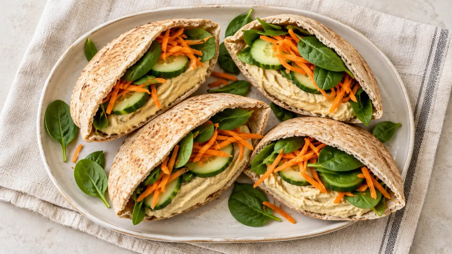 Pita pockets filled with hummus, cucumber, shredded carrots, and spinach