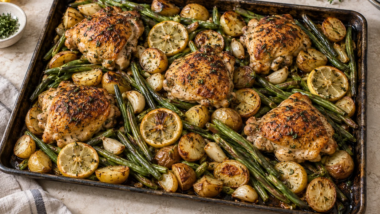 Lemon garlic chicken thighs roasted with baby potatoes, green beans, lemon, and garlic on a sheet pan